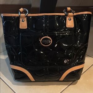 Coach Glossy Black Tote with Tan Trim